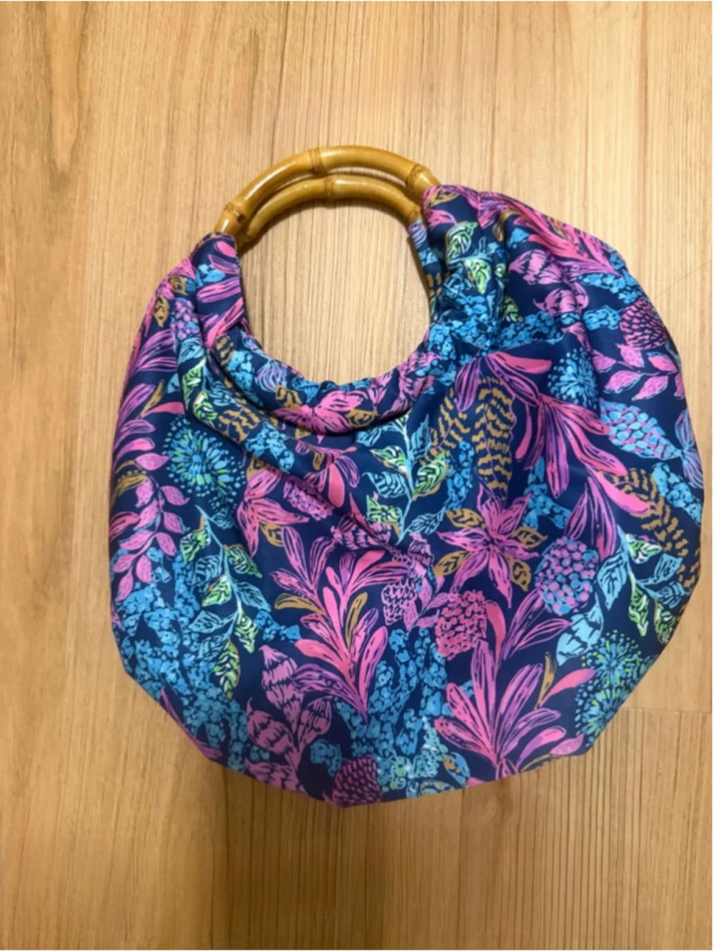 Lilly Pulitzer Bamboo Handle Floral Hobo Shoulder Bag Blue Pink Tropical Print - Picture 3 of 4